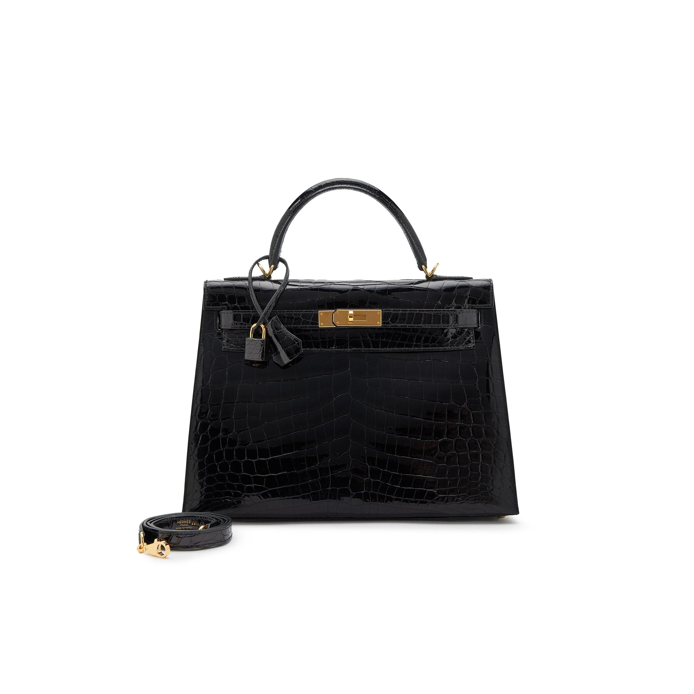 H**mes BLACK SHINY NILOTICUS CROCODILE SELLIER KELLY 32 GOLD HARDWARE (32*23*11cm)